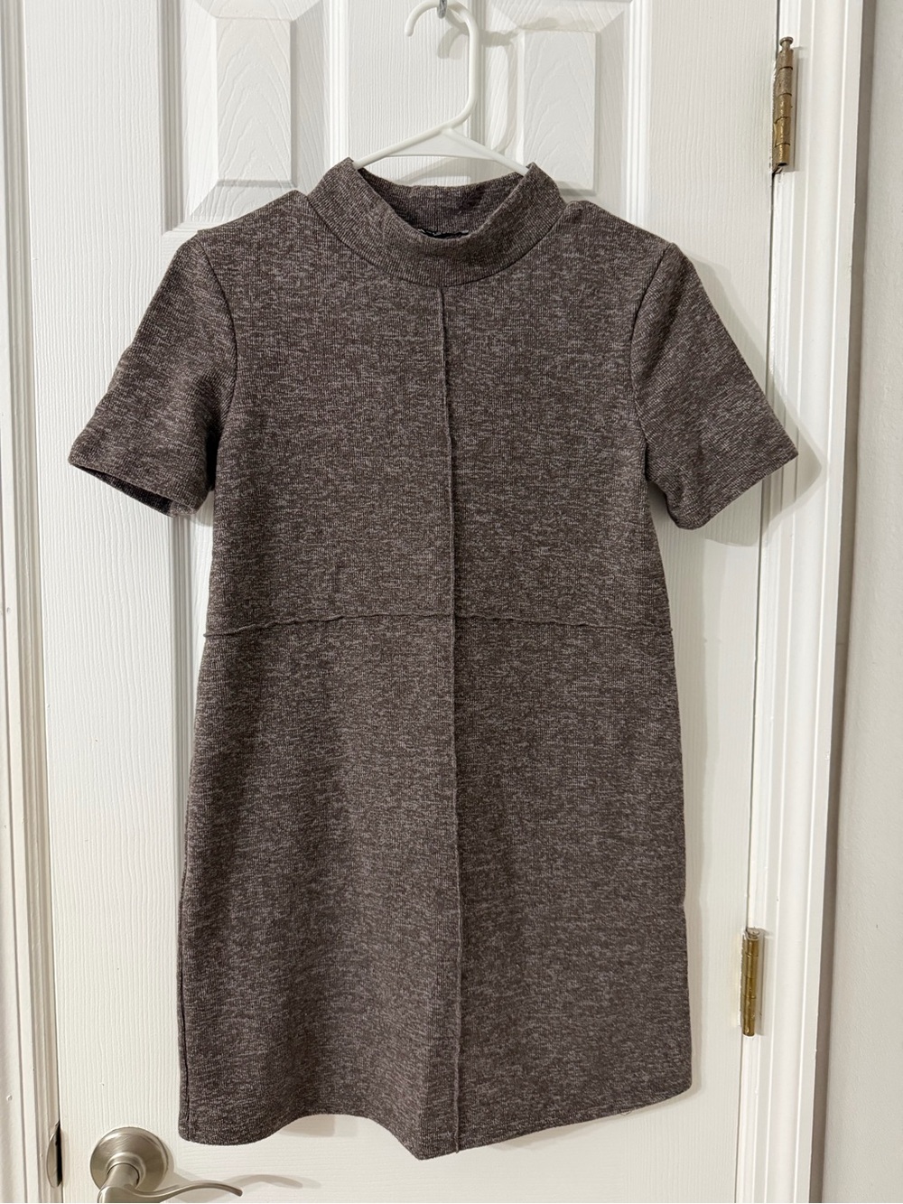 Zara Heathered Dark Brown Mock-Neck Short Sleeve Dress